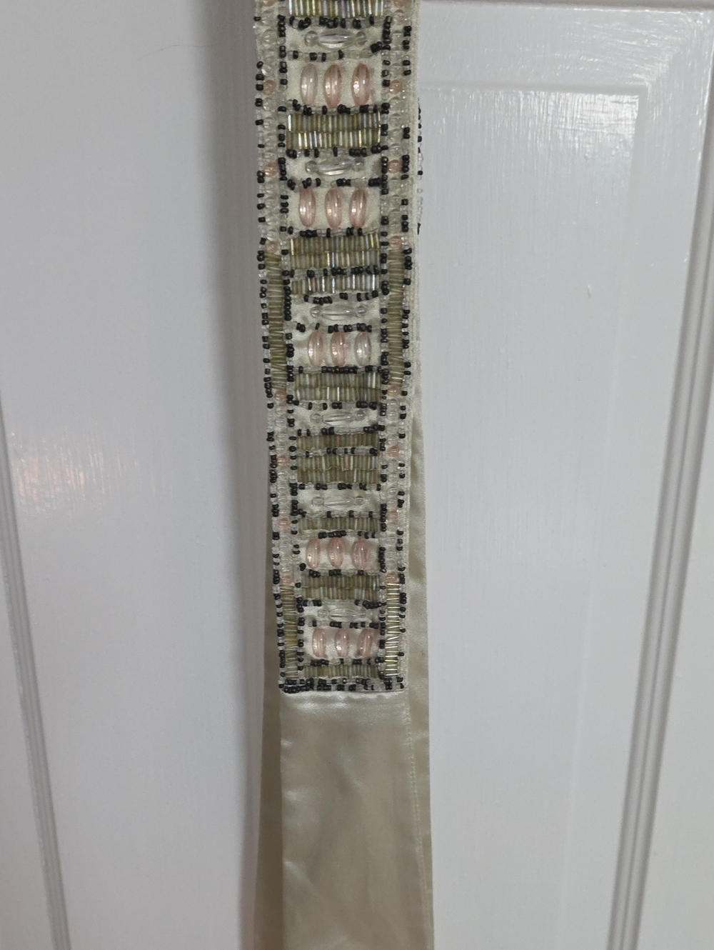 Beaded Embellished Satin Belt in Ivory with Pale Pink Accents